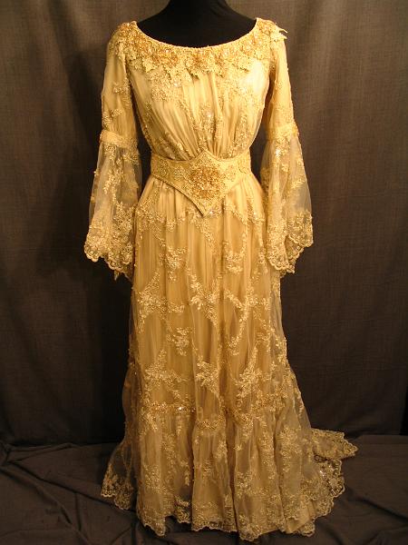 09010978 Gown 1905, gold silk, beaded embroidered net overlay, B34 W28