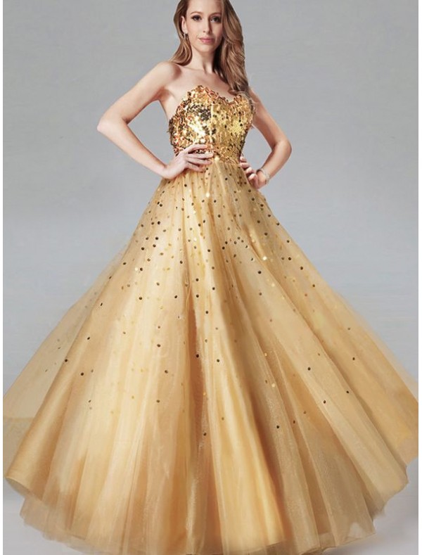Ball Gown Sequins Tulle Yellow Prom Dresses